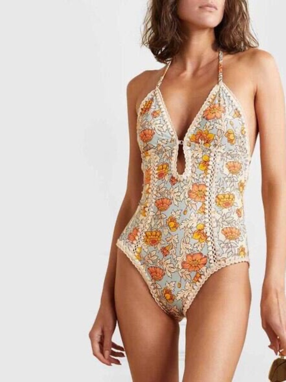 Andi Keyhole Crochet Trim Halter One-Piece Swimsuit NWT